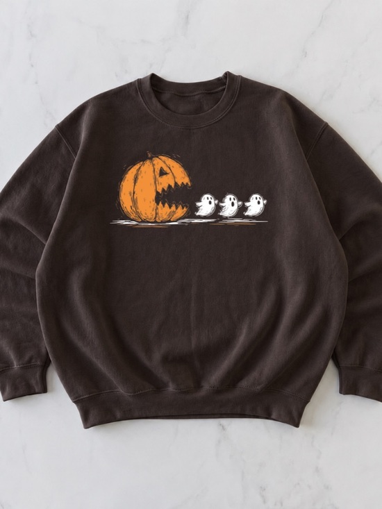 Gildan Tops - Retro Halloween Pumpkin Pac Man Ghost Sweatshirt - Gildan 18000